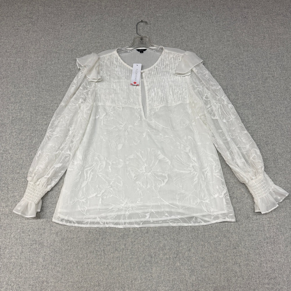 Floryday Floral Embroidered Blouse Size M White Ruffle Smocked Cuff Keyhole Top